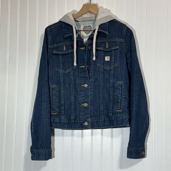 Carhartt Women’s Hooded Denim Jacket L Jean Trucker Workwear Y2K Streetwear - Picture 1 of 10